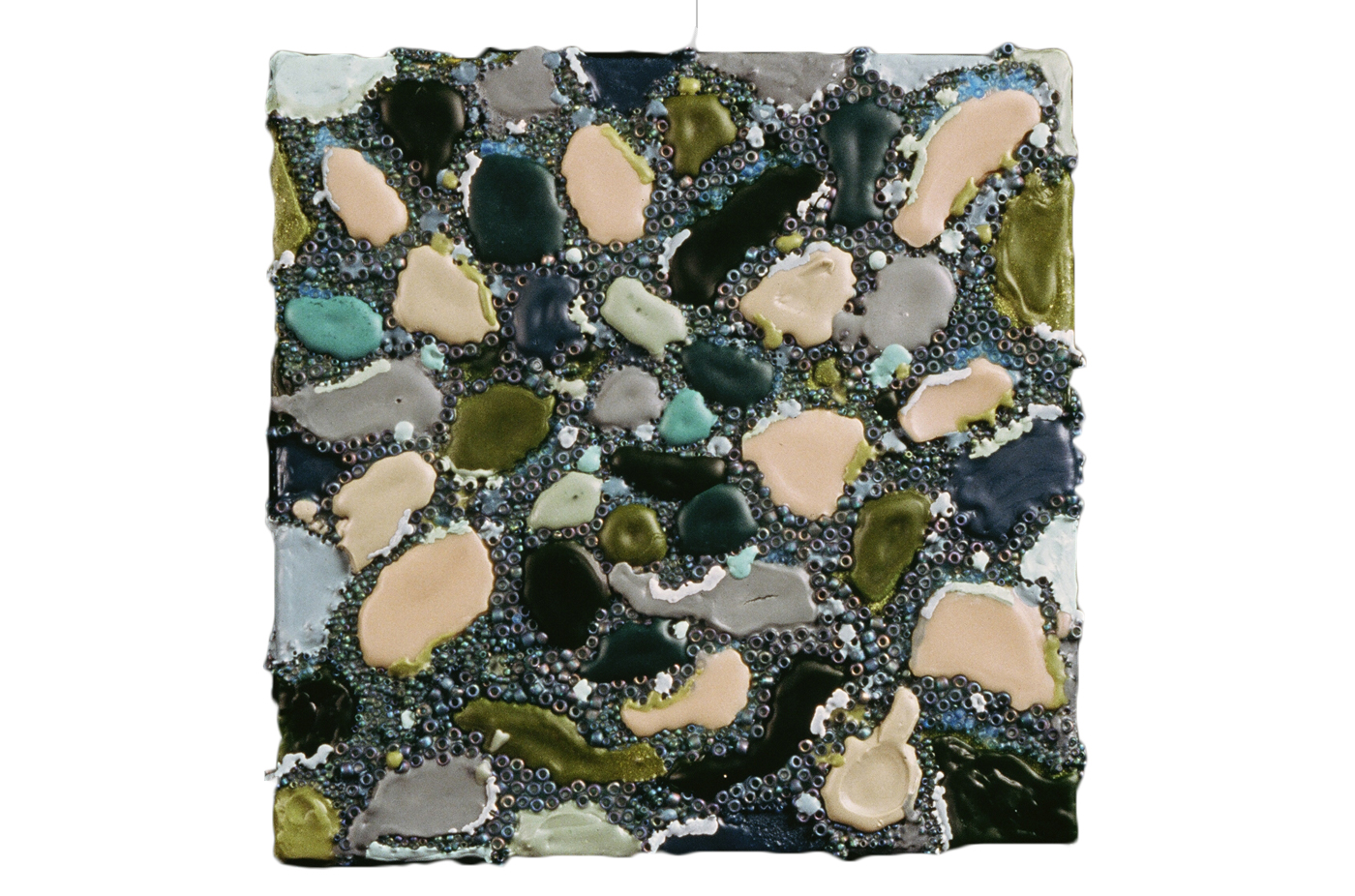 Chameleon, 1999, encaustic, beads, and urethane on canvas, 8 x 8 inches