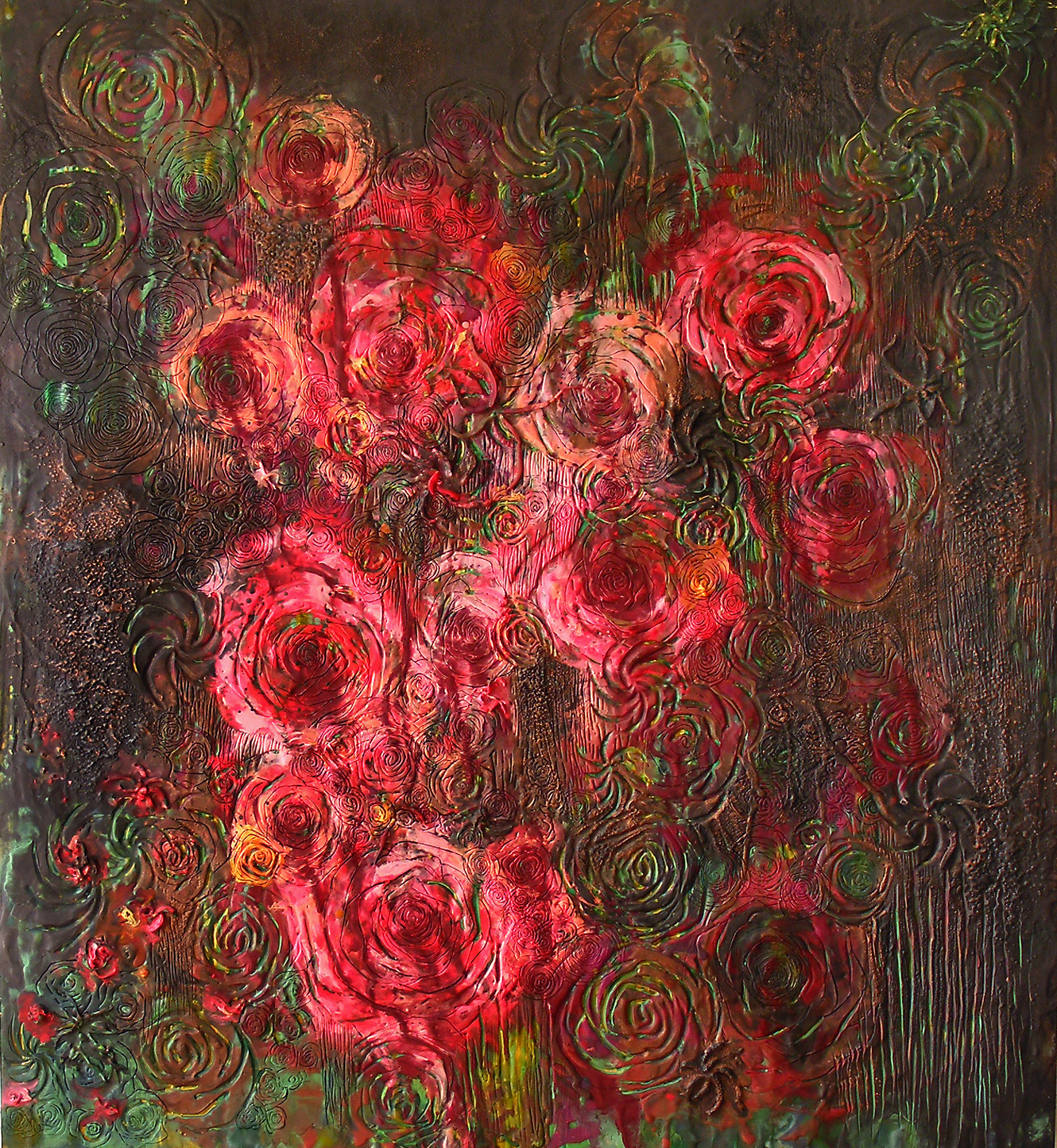 Roses, Ghosts, and Galaxies, 2007, encaustic on panel, 66 x 60 inches