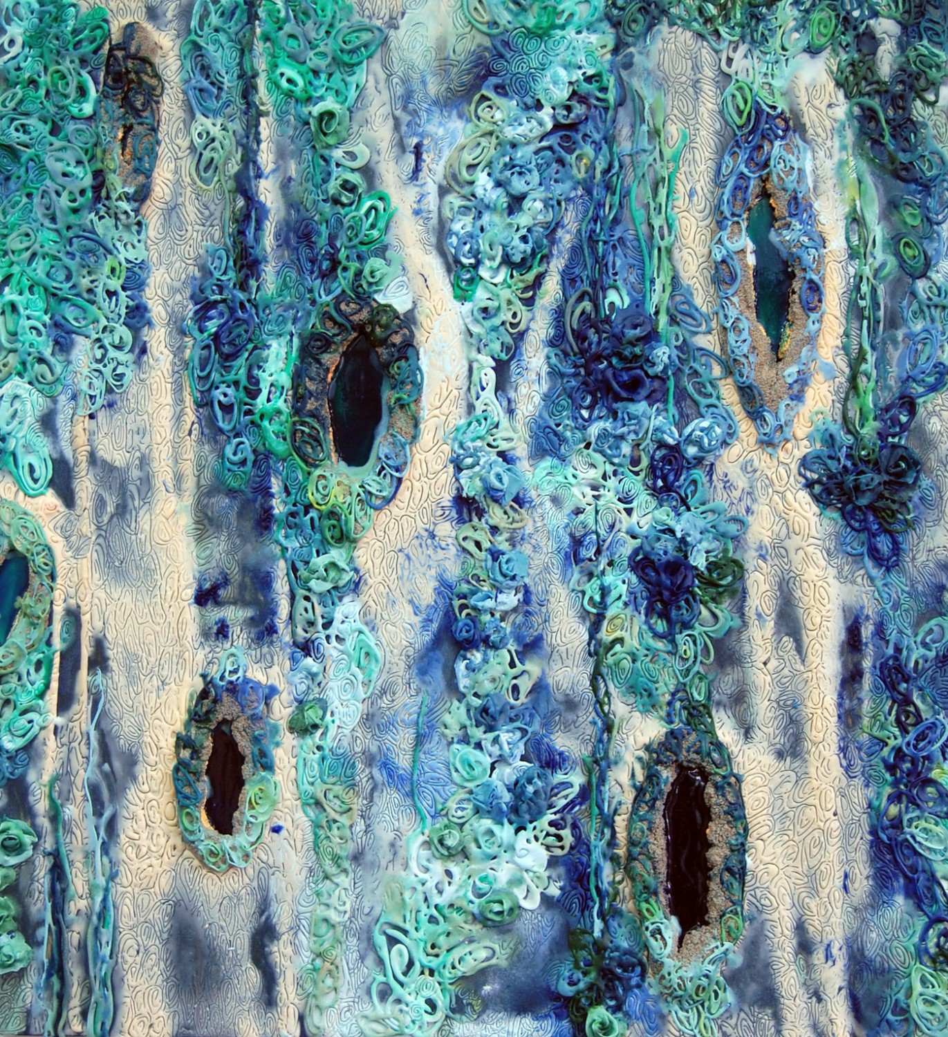 Sea Cells V, 2011, encaustic, glass beads, and urethane on panel