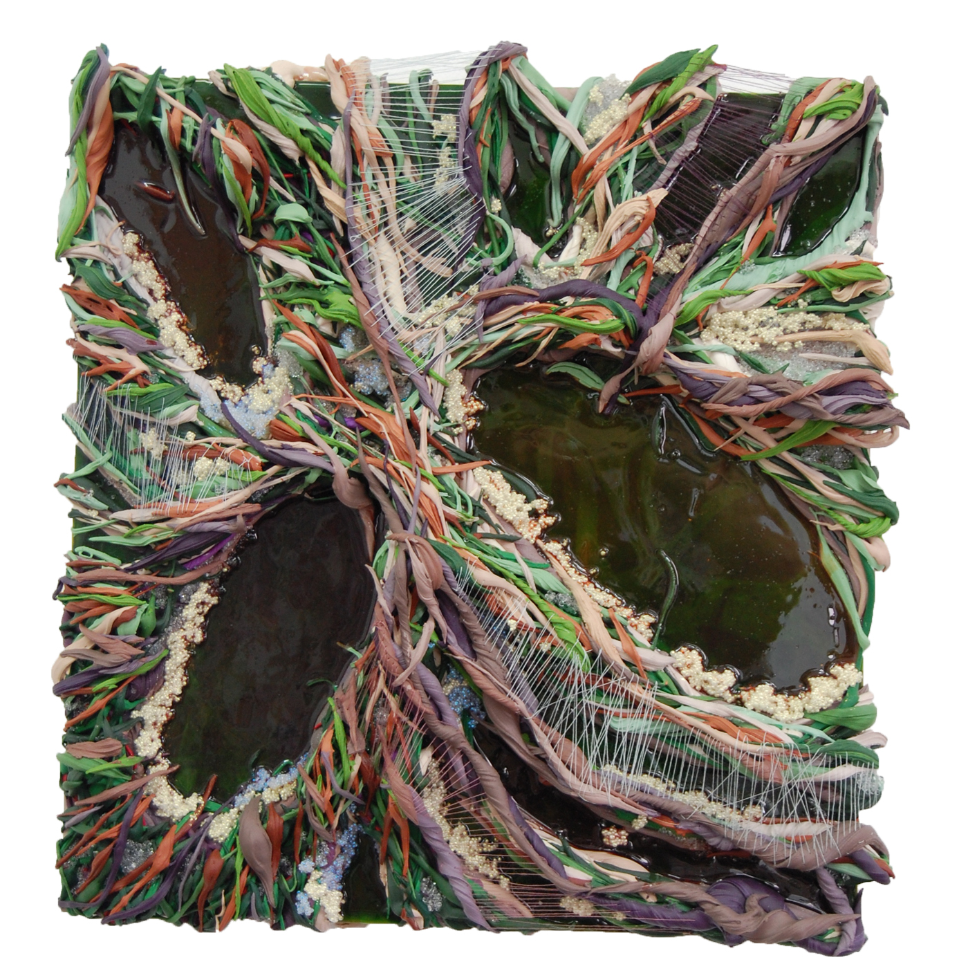 Thicket Tendrils, 2012, Ultralight, glass beads, urethane, pigment dispersions, thread on panel, 16 x 17 inches